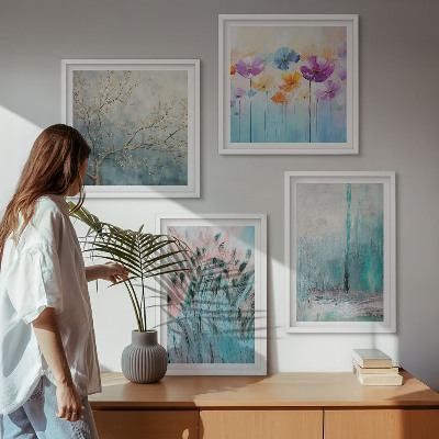 Conjunto de 4 quadros com moldura Padrões de fundo com flores em tons pastel