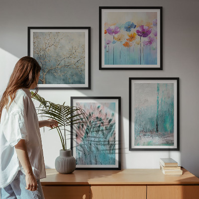 Conjunto de 4 quadros com moldura Padrões de fundo com flores em tons pastel