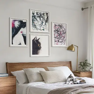 Pintura de gato com padrões abstratos políptico com moldura