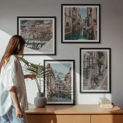 Conjunto de 4 quadros com moldura tema as charmosas ruas das cidades portuárias