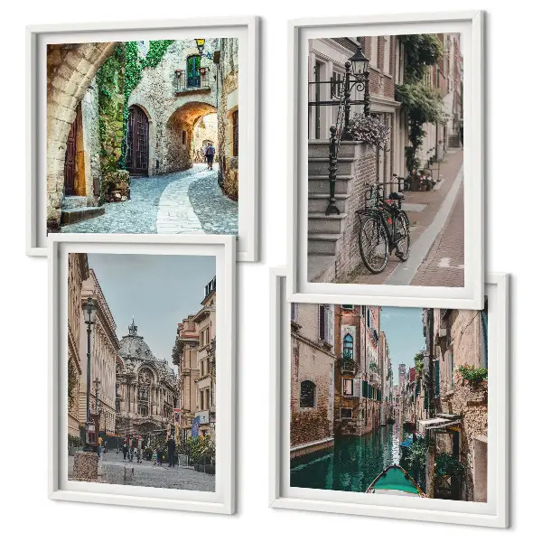 Conjunto de 4 quadros com moldura ruas venezianas com arquitetura aquática