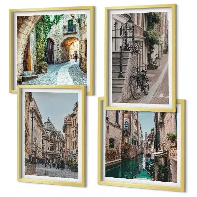 Conjunto de 4 quadros com moldura ruas venezianas com arquitetura aquática