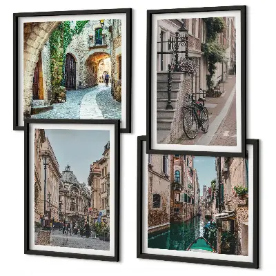 Conjunto de 4 quadros com moldura ruas venezianas com arquitetura aquática