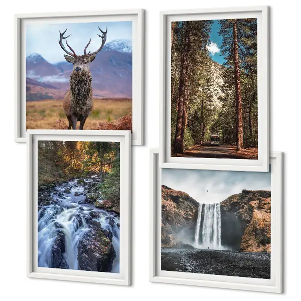 Composição de quadros com paisagem de cachoeira, floresta, montanhas e veado na natureza