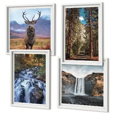 Composição de quadros com paisagem de cachoeira, floresta, montanhas e veado na natureza