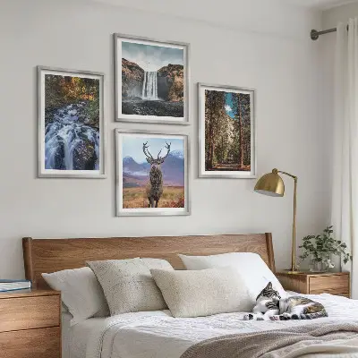 Composição de quadros com paisagem de cachoeira, floresta, montanhas e veado na natureza