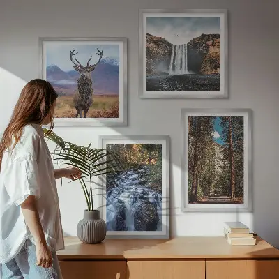 Composição de quadros com paisagem de cachoeira, floresta, montanhas e veado na natureza