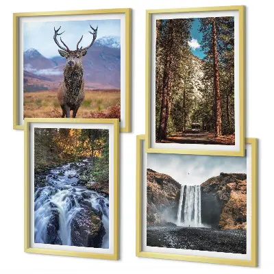 Composição de quadros com paisagem de cachoeira, floresta, montanhas e veado na natureza