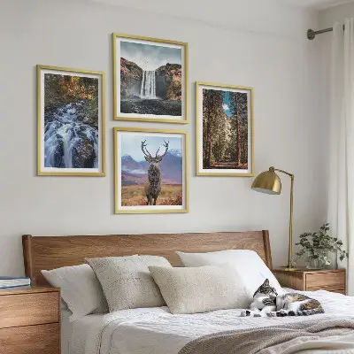 Composição de quadros com paisagem de cachoeira, floresta, montanhas e veado na natureza