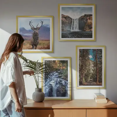 Composição de quadros com paisagem de cachoeira, floresta, montanhas e veado na natureza