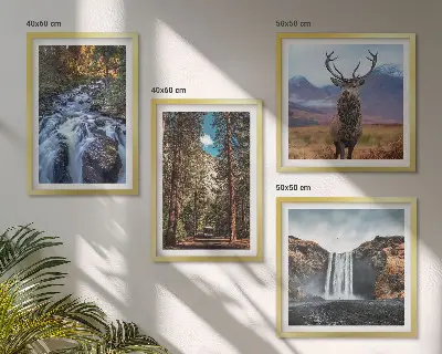 Composição de quadros com paisagem de cachoeira, floresta, montanhas e veado na natureza