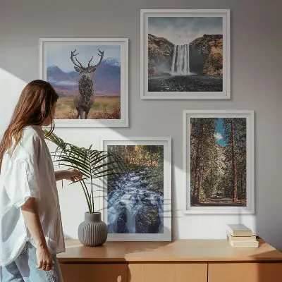 Composição de quadros com paisagem de cachoeira, floresta, montanhas e veado na natureza