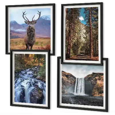 Composição de quadros com paisagem de cachoeira, floresta, montanhas e veado na natureza