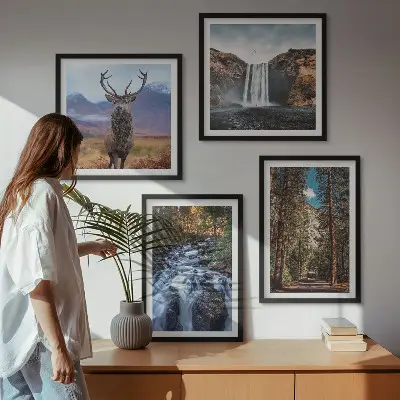 Composição de quadros com paisagem de cachoeira, floresta, montanhas e veado na natureza