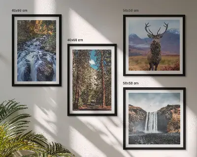 Composição de quadros com paisagem de cachoeira, floresta, montanhas e veado na natureza