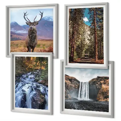 Composição de quadros com paisagem de cachoeira, floresta, montanhas e veado na natureza