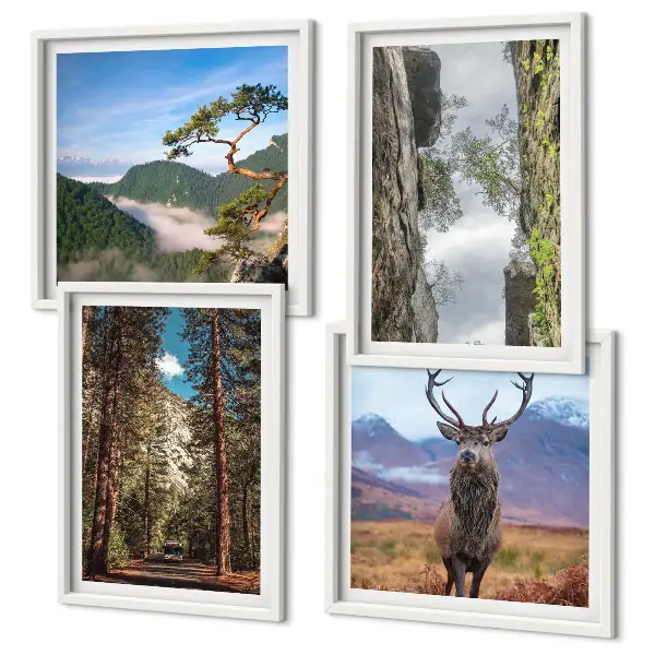 Conjunto de 4 quadros com moldura com paisagem de estrada na floresta com montanhas e veado