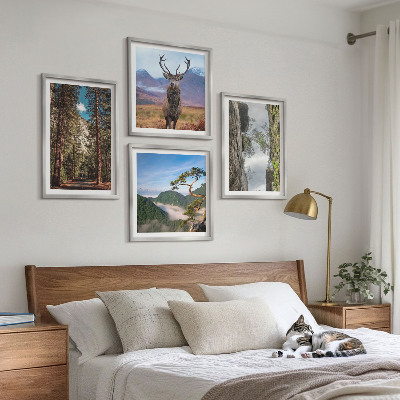 Conjunto de 4 quadros com moldura Estrada floresta montanhas veado natureza