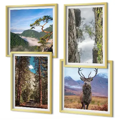 Conjunto de 4 quadros com moldura com paisagem de estrada na floresta com montanhas e veado