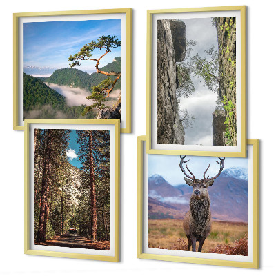 Conjunto de 4 quadros com moldura Estrada floresta montanhas veado natureza