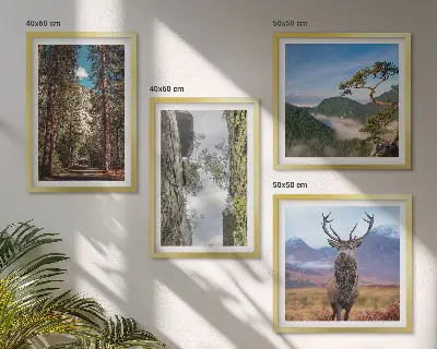 Conjunto de 4 quadros com moldura com paisagem de estrada na floresta com montanhas e veado