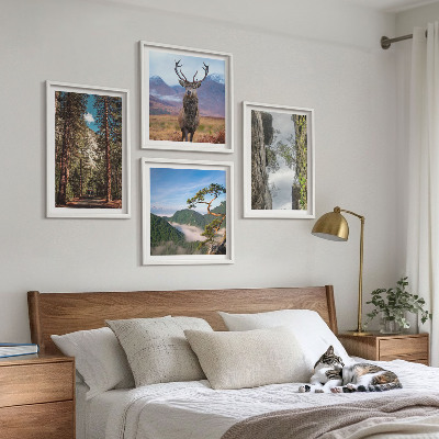 Conjunto de 4 quadros com moldura Estrada floresta montanhas veado natureza