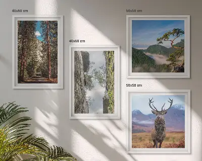 Conjunto de 4 quadros com moldura com paisagem de estrada na floresta com montanhas e veado