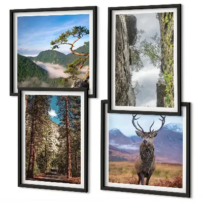Conjunto de 4 quadros com moldura com paisagem de estrada na floresta com montanhas e veado