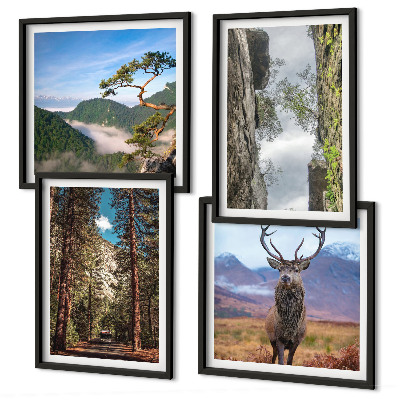 Conjunto de 4 quadros com moldura Estrada floresta montanhas veado natureza