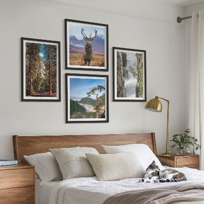 Conjunto de 4 quadros com moldura Estrada floresta montanhas veado natureza