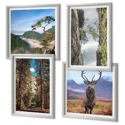 Conjunto de 4 quadros com moldura com paisagem de estrada na floresta com montanhas e veado