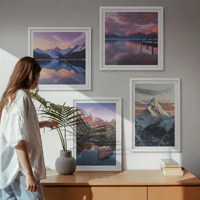 Composição de quadros com paisagens montanhosas ao fundo