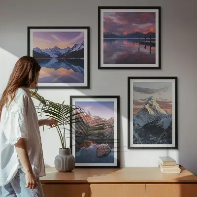 Composição de quadros com paisagens montanhosas ao fundo