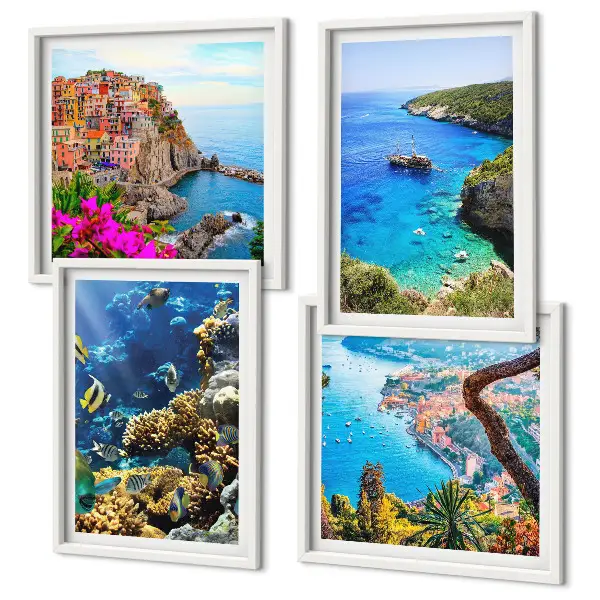 Conjunto de 4 quadros com moldura vistas para o mar e casas coloridas