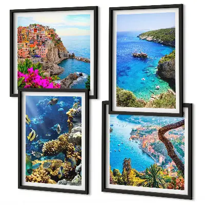 Conjunto de 4 quadros com moldura vistas para o mar e casas coloridas