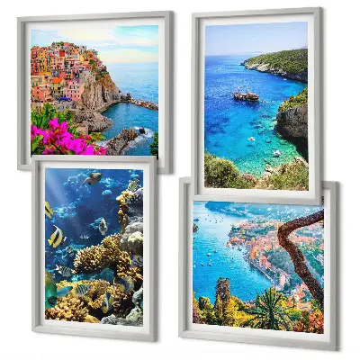 Conjunto de 4 quadros com moldura vistas para o mar e casas coloridas