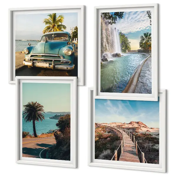 Composição de quadros paisagem de cachoeira com palmeiras em férias