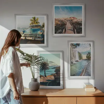 Composição de quadros paisagem de cachoeira com palmeiras em férias