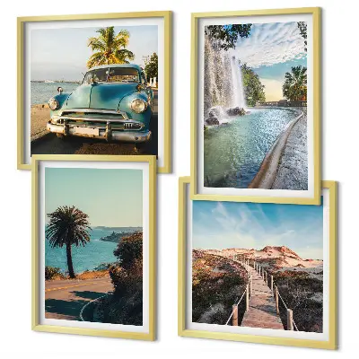 Composição de quadros paisagem de cachoeira com palmeiras em férias