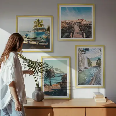 Composição de quadros paisagem de cachoeira com palmeiras em férias