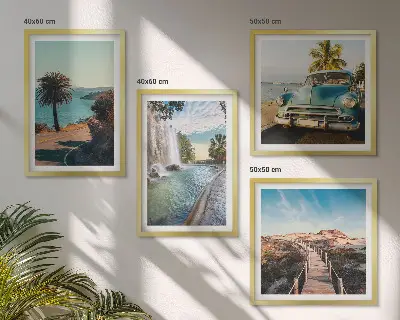 Composição de quadros paisagem de cachoeira com palmeiras em férias