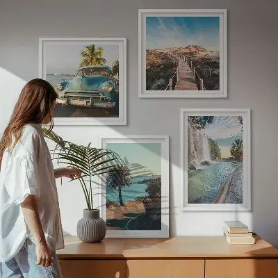 Composição de quadros paisagem de cachoeira com palmeiras em férias