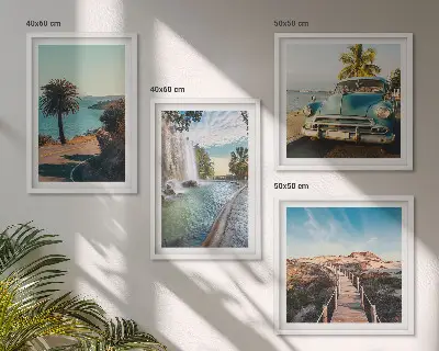 Composição de quadros paisagem de cachoeira com palmeiras em férias