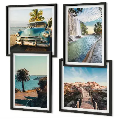 Composição de quadros paisagem de cachoeira com palmeiras em férias