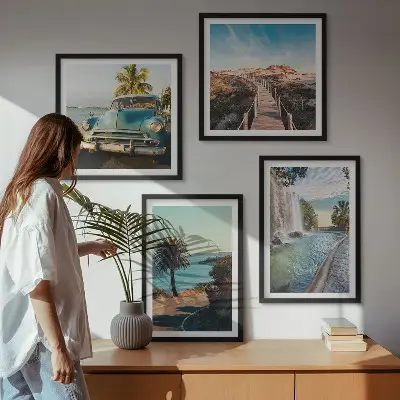 Composição de quadros paisagem de cachoeira com palmeiras em férias