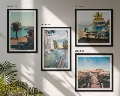Composição de quadros paisagem de cachoeira com palmeiras em férias