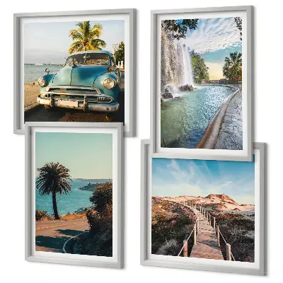 Composição de quadros paisagem de cachoeira com palmeiras em férias