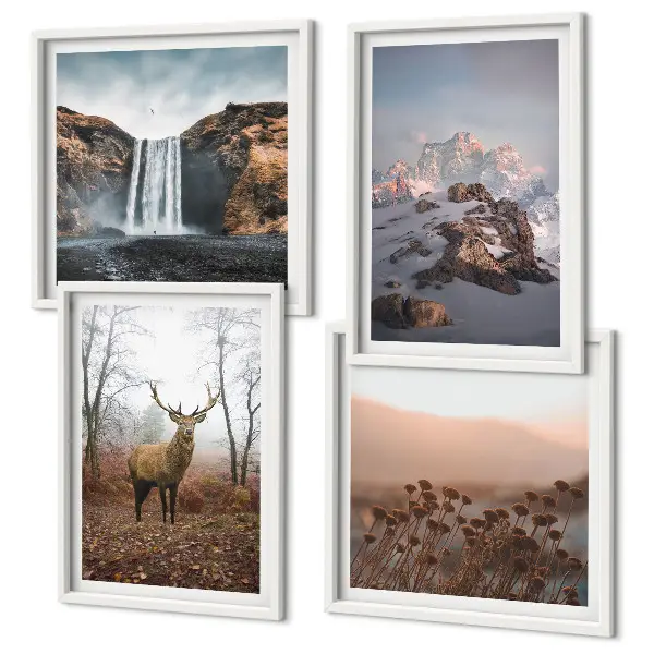 Conjunto de 4 quadros com moldura com paisagens selvagens de montanhas e veados