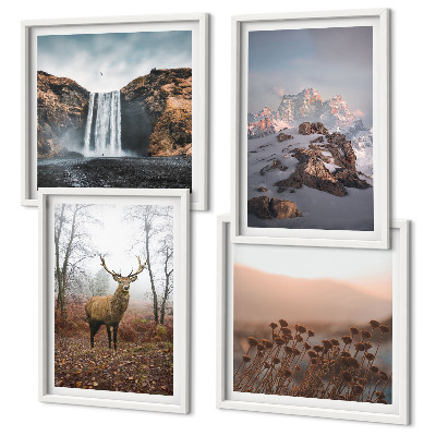 Conjunto de 4 quadros com moldura paisagens selvagens montanhas veados
