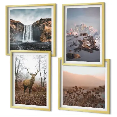 Conjunto de 4 quadros com moldura com paisagens selvagens de montanhas e veados